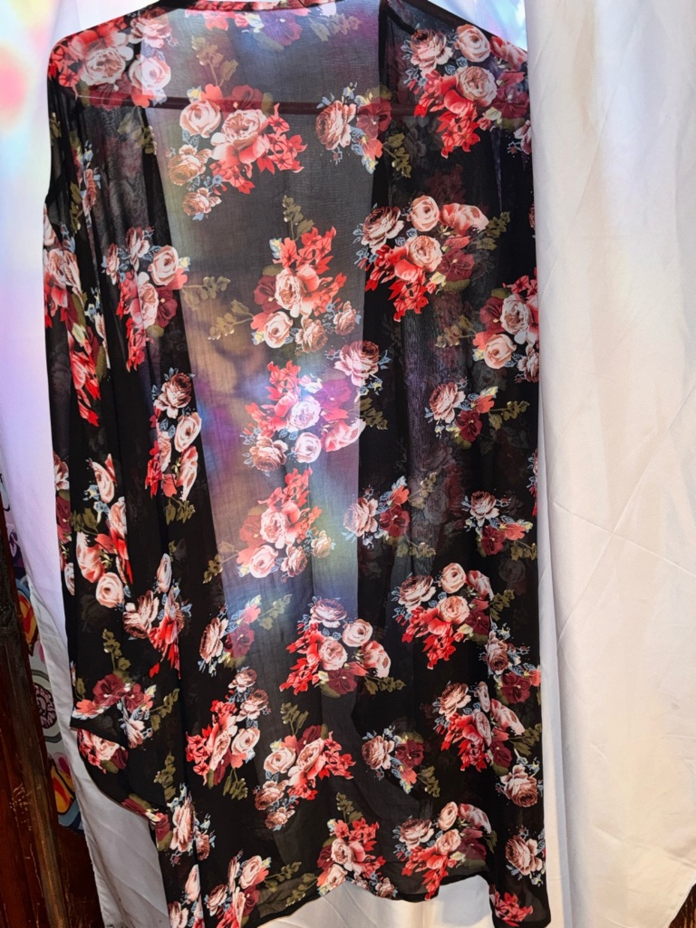 Sheer Plus Size  Black Floral Kimono Cover-Up with Red and Pink Roses